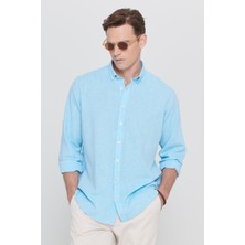 Altınyıldız Classics Erkek Turkuaz Comfort Fit Rahat Kesim Düğmeli Yaka Casual Keten Gömlek