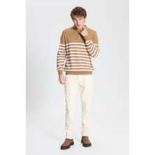 ALTINYILDIZ CLASSICS Erkek VIZON-EKRU Standart Fit Normal Kesim Polo Yaka Çizgili Triko Kazak