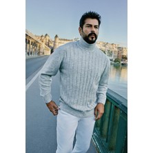 Altınyıldız Classics Erkek Gri Melanj Standart Fit Normal Kesim Tam Balıkçı Yaka Jakarlı Triko Kazak