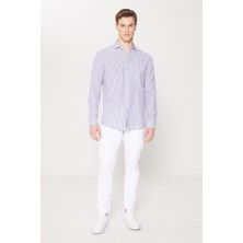 Altınyıldız Classics Slim Fit Dar Kesim Pamuk Keten Klasik Yaka Çizgili Gömlek