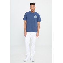 Altınyıldız Classics Erkek Indigo Modern Fit Bisiklet Yaka Pamuklu Kalın Dokulu Baskılı Tişört
