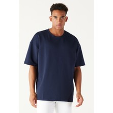 Altınyıldız Classics Erkek Lacivert Oversize Bol Kesim Bisiklet Yaka Kalın Dokulu Sweatshirt Tişört