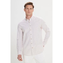 Altınyıldız Classics Erkek Bej Slim Fit Dar Kesim Düğmeli Yaka Keten Görünümlü %100 Pamuk Flamlı Yazlık Gömlek