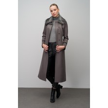 Olcay Yakası Çıkabilir Kürklü Deri ve Işleme Detaylı Gabardin Süet Görünümlü Kap Gri 6646