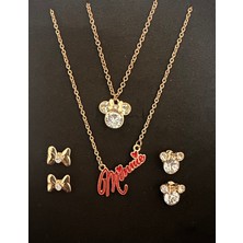Disney Lisanslı Minnie Mouse 4'lü Çelik Kolye/küpe Seti