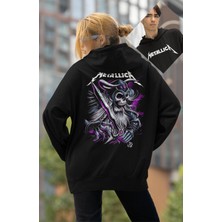 Fuddy Moda Unisex Metallica Kılıçlı Iskelet Sırt Baskılı Kapüşonlu Sweatshirt, Oversize Rock Band Baskılı Hoodie