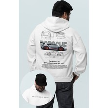 Oversize Gri Porsche 911 Gt3 Rs Sırt Baskılı Kapüşonlu Sweatshirt, Unisex Yarış Araba Temalı Hoodie