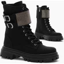 Kadın Siyah Mat Termo Taban Yanı Çift Tokalı Taşlı Bağcıklı ve Fermuarlı Bot