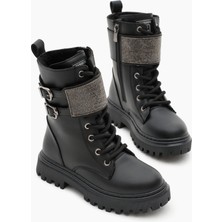 Tonny Black Kız Çocuk Siyah Cilt Termo Taban Taş Detaylı Çift Tokalı Bağcıklı Ve Fermuarlı Cırtlı Bot