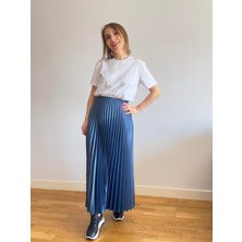 Aylish Indigo Saten Pileli Etek