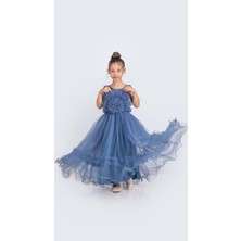Mnk Baby & Kids Uzun Etekli , Askılı Kız Cocuk Gül Motif Abiye Elbise M00670
