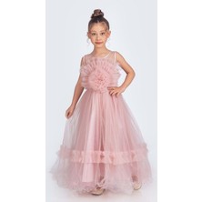 Mnk Baby & Kids Uzun Etekli , Askılı Kız Cocuk Gül Motif Abiye Elbise M00670