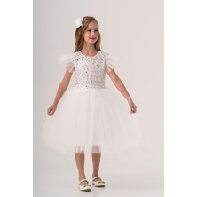 Mnk Baby & Kids Tüllü Kız Çocuk Elbise MNK0526 Kar Beyaz Renkli Özel Günler İçin Şık Tasarım