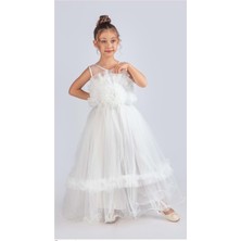 Mnk Baby & Kids Uzun Etekli , Askılı Kız Cocuk Gül Motif Abiye Elbise M00670