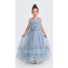 Mnk Baby & Kids Uzun Etekli , Askılı Kız Cocuk Gül Motif Abiye Elbise M00670