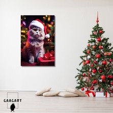 Gaagart Tekli Dikey Kanvas Duvar Tablosu Yılbaşı si Noel Baba Kostümlü Gri Kedi