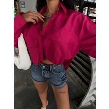 Moda Önü Cep Detaylı Arkası Uzun Crop Gömlek