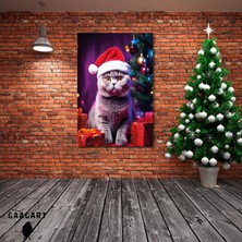 Gaagart Tekli Dikey Kanvas Duvar Tablosu Yılbaşı si Noel Baba Kostümlü British Shorthair