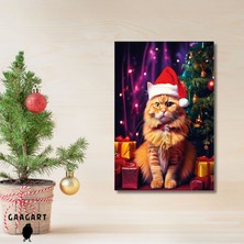 Gaagart Tekli Dikey Kanvas Duvar Tablosu Yılbaşı si Noel Baba Kostümlü Sarı Kedi