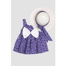 Şapkalı Çiçek Desenli Fiyonklu Kız Bebek Elbisesi