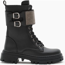 Kadın Siyah Cilt Termo Taban Yanı Çift Tokalı Taşlı Bağcıklı ve Fermuarlı Bot