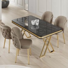 Canisa Rigel Serisi 80x130 Lak Panel Siyah Mermer Desen Masa Takımı Gold Ayaklı 4 Sandalye