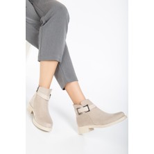 Tonny Black Kadın Ten Süet Termo Taban Tokalı Fermuarlı Kısa Topuklu Bot