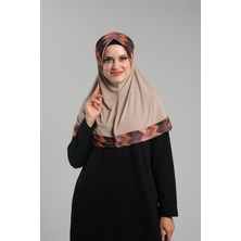 Bej Pratik Hazır Geçmeli Tesettür Eşarp Sandy Renkli Desenli Fileli 2401_12