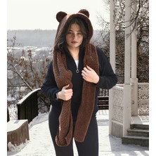 Ayıcı Oyuncak Kapşonlu Welsoft Peluş Bere - Atkılı - Polar Boyunluk Şalı - Rüzgar Geçirmez Kulaklı