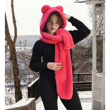 Ayıcı Oyuncak Kapşonlu Welsoft Peluş Bere - Atkılı - Polar Boyunluk Şalı - Rüzgar Geçirmez Kulaklı
