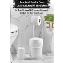 İndirim Land Metal Standlı Yuvarlak Kovalı & Kağıtlıklı & Fırçalıklı Beyaz Banyo Takımı