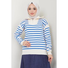 Fermuar Detaylı Çizgili Triko Kazak Saks Rengi HM2611
