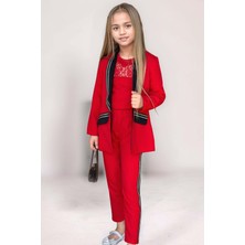 Kız Çocuk Taş Işleme Şal Yaka Blazer Ceket Dantel Detaylı Bluz Şerit Detaylı Kırmızı Alt Üst Takım