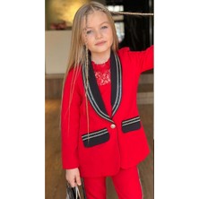 Kız Çocuk Taş Işleme Şal Yaka Blazer Ceket Dantel Detaylı Bluz Şerit Detaylı Kırmızı Alt Üst Takım