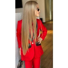 Kız Çocuk Taş Işleme Şal Yaka Blazer Ceket Dantel Detaylı Bluz Şerit Detaylı Kırmızı Alt Üst Takım