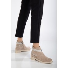 Tonny Black Kadın Ten Süet Termo Taban Taş Halatlı Fermuarlı Kısa Topuklu Bot