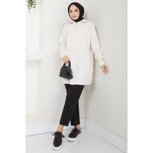 Yakası Fermuarlı Tek Renk Triko Tunik Krem HM2610