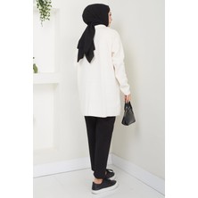 Yakası Fermuarlı Tek Renk Triko Tunik Krem HM2610