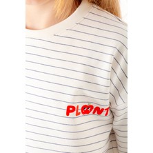 Plant Mini Kids Apple Baskılı, Çizgili Beyaz Renk,  Pamuklu Iki Iplik Bisiklet Yaka Çocuk Sweatshirt