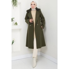 Yakası Kürk Detaylı Kaşe Kaban Haki HM2583
