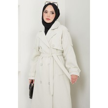 Kruvaze Yaka Düğmeli Kuşaklı Kaşe Kaban Ekru HM2603