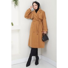 Kruvaze Yaka Düğmeli Kuşaklı Kaşe Kaban Camel HM2603