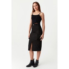Select Moda Kadın Kargo Cepli Yırtmaçlı Midi Etek