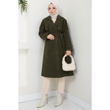 Kruvaze Yaka Düğmeli Kuşaklı Kaşe Kaban Haki HM2603