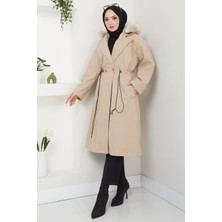 Kapüşonlu Beli Büzgülü Kaşe Kaban Bej HM2604