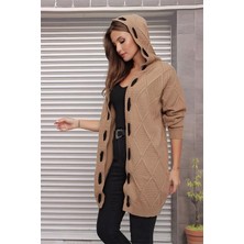 Kapüşonlu Kabartma Desenli Şerit Garnili Camel Hırka