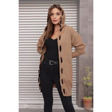 Kapüşonlu Kabartma Desenli Şerit Garnili Camel Hırka