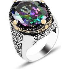 Özel Tasarım El Işi Kalem Işçilikli Mistik Topaz Taşlı 925 Ayar Gümüş Erkek Yüzük
