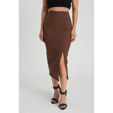 Ms. Endam Kadın Yüksek Bel Diz Altı Fermuarlı Yırtmaç Detaylı Vücuda Oturan Yüksek Bel Midi Kalem Kumaş Etek