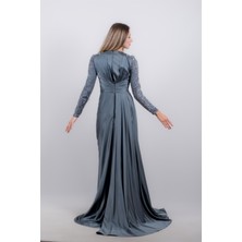 Kenzel Kolları Taşlı Saten Abiye Elbise
